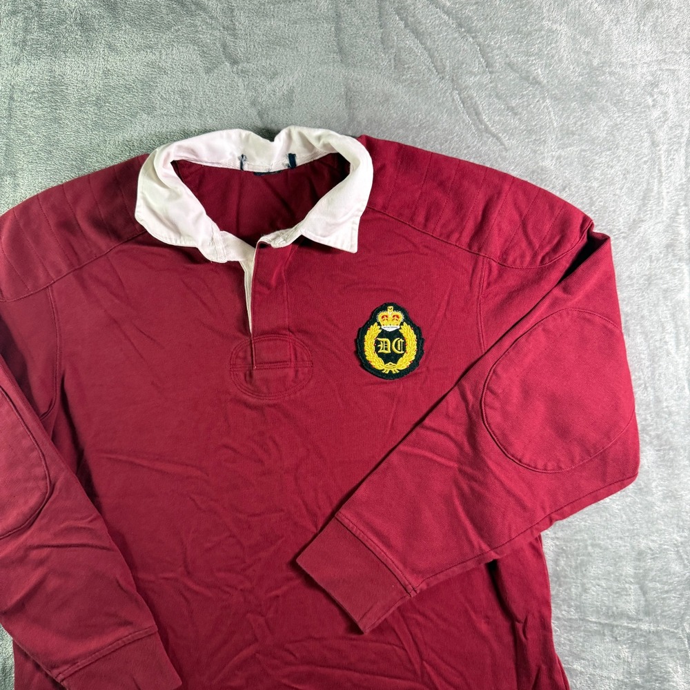 Rugby Shirt Long Sleeve Embroidered Patch Elbow Pads Maroon Top (READ)